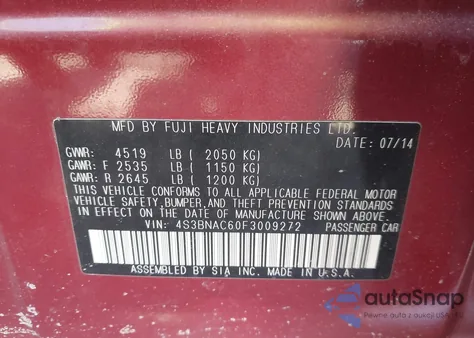 2015 Subaru Legacy 2.5I Premium from USA, damaged, VIN 4S3BNAC60F3009272